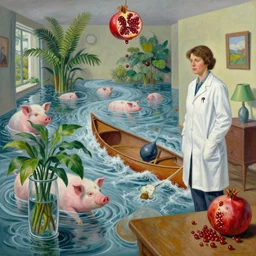 a female pathologist in her apartment, a river flooding inside, pigs, plants in glass vase, water, river, rapids, canoe, pomegranate, berries dripping, acrylic on canvas, surrealist, by magritte and monet