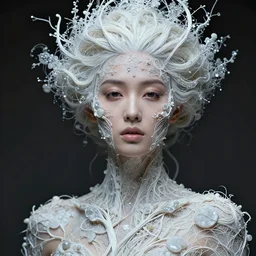 cinestill 5 0 d photo portrait of a beautiful hybrid woman in style of paolo roversi by roberto ferri, basalt body intricate detailed white vines and wires, intricate sparkling basalt ornamental hair, 5 0 mm lens, f 1. 4, sharp focus, ethereal, emotionally evoking, head in focus, volumetric lighting, tonal colors