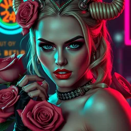 closeup portrait of seductive succubus athena goddess varga margot robbie as harley quinn posing, roses, energy, jim lee, frank miller, gotham city, futurepunk, glamour pose, moebius, gta v, dan mumford, mucha, nagel, tarot card, d & d, neon art deco, black paper, vibrant, greg rutkowski,