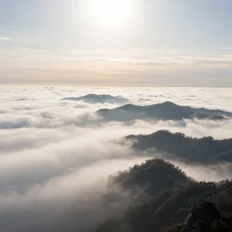 highly detailed photo of dreamy mountains and sea of clouds, sunlit sky, super wide angle, deep focus, reduce saturation, hyper realistic, concept art, 8 k detail post - processing