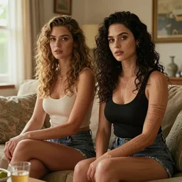 two beautiful housewives in the living room on a hot summer evening, gorgeous faces, thick lines, cinematic lighting, detailed photorealistic digital art