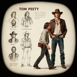 tom petty as a 2 0 s roving gambler, character sheet, concept art, contrast, kim jung gi, greg rutkowski, zabrocki, karlkka, jayison devadas, trending on artstation, 8 k, ultra wide angle, pincushion lens effect