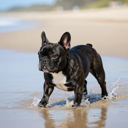 black french bulldog playing on the water of the beach by pascale campion