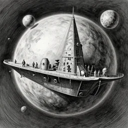 mothership on an alien planet, 1 9 th century charcoal and pencil drawing, high detail, high contrast
