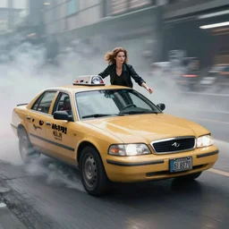 still photo from the movie the fifth element, milla jovovich, futuristic taxi, full body, action shot, far future, sharp focus, highly detailed, trending on artstation, intricate, cinematic composition, fog volume, octane
