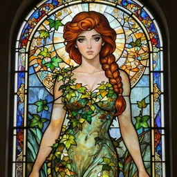 a stunning stained glass window of ariel dressed as a beautiful poison ivy with hair tied in a braid, dark eyeliner, intricate, elegant, highly detailed, digital painting, artstation, concept art, sharp focus, illustration, art by artgem and jugendstil and greg rutkowski and alphonse mucha, pixv