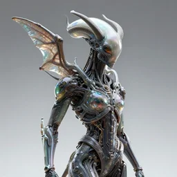 symbiogenesis alien hybrid humanoid androgyne with recursive horns wing attached to side of head, concept art, xenomorph, sculpted iridescent glass, intricate detail, style by James Jean, circuitry, organic detail, asymmetry, negative space around image, cinematic, epic wide shot, ultra detailed, artstation, sharp focus,smooth, cinematic lighting, cinematic detail, composition, photorealistic, render in unreal engine 5, golden ratio, 8k render