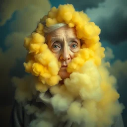 maximalist old ukrainian woman!!!! infront of a mirror, fully covered in yellow and blue clouds!!!, disarming, enchanting, fragile, hopeful, cloudcore, portrait, by kim keever