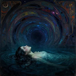despair, drowning, loneliness. collapsing into spiral oblivion, the weeping visage of a longing dreamer in desolation. cosmic void, abyssal ocean depths, art nouveau art deco, vibrant darkness, murky, inspired by jackson pollock and edvard munch and rebecca guay and carl critchlow. a feeling of glimmering hopes last gasp in the endless waters.
