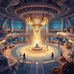 the main lobby on a large cruise spaceship, from a space themed point and click 2 d graphic adventure game, design inspired by tomb raider, art inspired by thomas kinkade