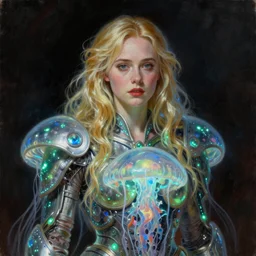 ultra realistic portrait painting of elle fanning wearing bioluminescent jellyfish armor, art by frank frazetta, 4 k, ultra realistic, highly detailed, epic lighting