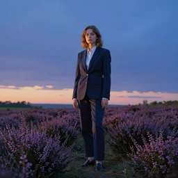 a girl in a suit in field of heather flowers, surreal photography, sunrise, blue sky, dramatic light, impressionist painting, digital painting, artstation, simon stalenhag.