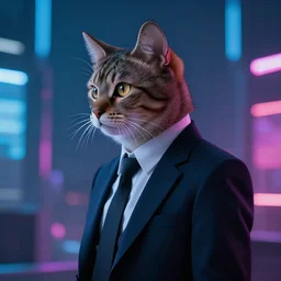 side view of cyberpunk cat in suit