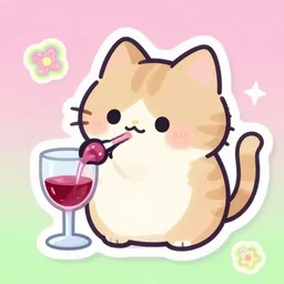 a cat drinking red wine, puffy sticker, glitter sticker, kawaii by studio ghibli, by lisa frank 8 k pastel colours, neon colours, fluorescent colours,