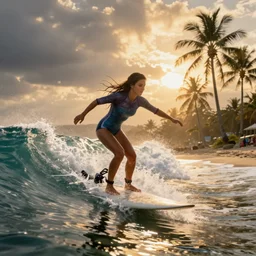 of girl surfing a wave near palm tree beach