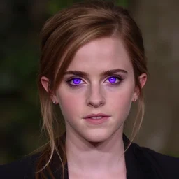 Portrait photography of Emma Watson with glowing purple eyes