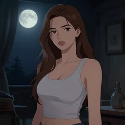 sexy girl, wearing : tanktop, hair : long brown, surroundings : dark moonlit room, artstyle : ilya kuvshinov