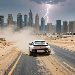 a sports magazine image of the view of the back of an 80's porsche rally car as it races down a partyly sand-covered 2 lane blacktop road towards the high rise cityscape of Dubai, some of the blacktop is showing, but it's mostly covered by sand from a dust storm, lightning bolts strike in the sky, sun shines down on the car