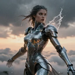 a biblical diabolical beautiful female valkyree android, shiny hi - tech armor, dynamic pose, splashing, heavy eyes to the side, closeup, bright glowing veins, in clouds, rain, sunset, portrait, by gerald brom, by mikhail vrubel, by peter elson, muted colors, extreme detail, reflections, trending on artstation, 8 k