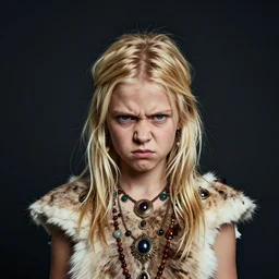 portrait of a blonde nordic wicca, 3 0 yo wearing a deer skin and jewelery, angry look, dark background, studio light, hdr, nikon 2 4 mm f / 1. 8 g, by sebastiao salgado