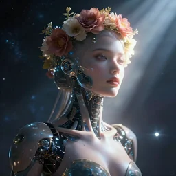 cosmic rays of holy light, photorealistic beautiful portrait of futuristic cyborg, flower crown accessories