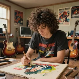 a pretty punk rock young man with messy very long curly dark brown hair and a band tee painting in a vintage 80s artist studio interior, old wood floors, musical instruments and band posters, messy maximalist interior, warm, painting by Craig Mullins, soft morning lighting, wide angle lens, low view, in the style of Hayao Miyazaki, trending on artstation,