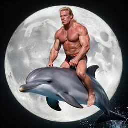 A photo of Hulk Hogan riding a dolphin over the moon