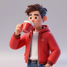 portrait of a ( ( ( large red taza de cafe ) ) ), ( ( dotado futuristic guapo y joven espanol ) ), drinking coffee, 3 d photorealistic, concept character, by filip hodas, trending on artstation