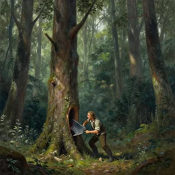 a candid portrait of a giant cutting trees in the woods, atmospheric, highly detailed, fantasy painting, fairytale, fantasy, illustration by scott gustafson!!!