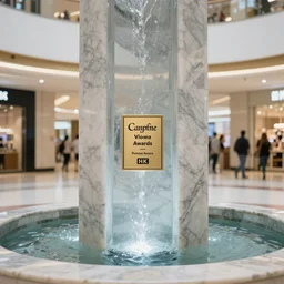 a marble pillar in a mall, filled with water, photography, award winning, 4 k