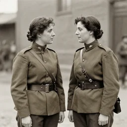 two women soldiers in uniform gossiping, 1800s, photograph