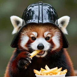 a red panda wearing a Darth Vader helmet eating french fries