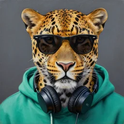 a photorealistic painting of a leopard wearing black sunglasses, a teal green hoodie and headphones wrap his neck. hyper detailed, oil on canvas. this 4 k hd image is trending on artstation, featured on behance, well - rendered, extra crisp, features intricate detail, epic composition and the style of unreal engine.