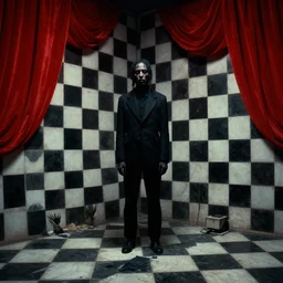 extremely detailed movie shot portrait of a dark bizarre figure standing in the corner of a checkerboard checkerboard room by denis villenueve, yves tanguy, lovecraft, roger dean, amano, david lynch, dynamic composition, rich moody colours, red drapes