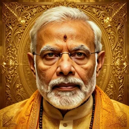 a stunning interpretation of narendra modi, symmetrical face, highly detailed and intricate, golden ratio, saffron colors, hypermaximalist, ornate, luxury, elite, horror, creepy, ominous, haunting, matte painting, cinematic, cgsociety, James jean, Brian froud, ross tran