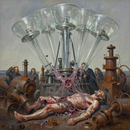 oil paint of flayed god machines, cluster, glass whipping blood turbines, hydrocracking battles, rusted, broken, autopsy, macerated, eviscerated by fimbria wires, by wayne d barlowe, alex ross, stefano tamburini, simon bisley & boris vallejo, enric torres, hyper realism, narrative light, muted colors, epic, hyper detailed