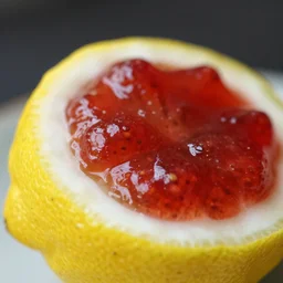 close - up shot of a lemon covered in strawberry jam, macro lens, depth of field