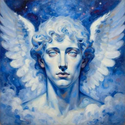 portrait, head and torso, monopoly man as an angel in blue and white clouds oil painting of abstract surrealist forms by yvonne mcgillivray by mandy jurgens by michael divine, powerful eyes glowing highly detailed painting, spiritual abstract forms, symmetrical, trending on art station, abstract emotional, very beautiful, fantasy digital art, highly detailed patterned visionary art, magic symbols, by michael divine, cosmic nebula