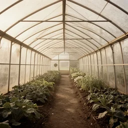 tunnel greenhouse with harvest at sunrise, old photo