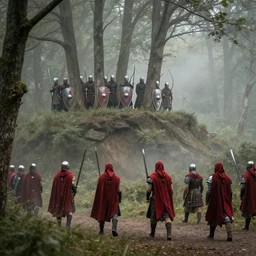 soldiers with shields and swords and bows! hiding behind trees! on an elevated hill in a! misty, foggy! forest looking down on a army of gladiators with red capes, walking on a path through the forest below them.! shiny swords, well equiped, 4 k, realistic, anatomically correct, beautiful