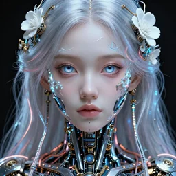 stunning hyperdetailed upclose symmetrical portrait of 7 0 year old caucasian cyborg girl with translucent porcelain skin, lush thick hair, big electric eyes, ultra detailed ornate neon wire lacing, ultra detailed steampunk cyborg implants, complex white nano mechanical flowers, micro detail, by satoshi kon, sharp focus, trending on artstation hq, deviantart, pinterest, 8 k