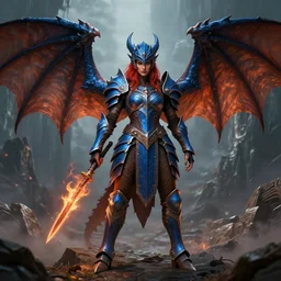 full body portrait of a dnd dragon hunter in the intricate thunderous mountains, female, strong, symmetric wings, dragon inspired blue armor, red hair, helmet, pretty, fire, brown skin, high fantasy, detailed face, highly detailed, sharp focus, smooth, digital illustration, by clyde caldwell