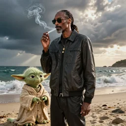 Snoop Dogg smoking with Yoda on a beach
