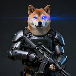 tactical exoskeleton armor and rifle, realistic anthropomorphic shiba inu face, visible face, neon laser eyesight, science fiction, dark, portrait by donato giancola and greg rutkowski and wayne barlow, realistic face