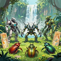 front vue on attack of giant beetles with few element of alien cyberpunk armor in a fantasy alien jungle forest, huge waterfall in the background, by moebius!!!!!, alphonse mucha, ayami kojima!!, amano, greg hildebrandt, and mark brooks, art nouveau, cyberpunk, neo - gothic, character concept design, colorful comics style!!!