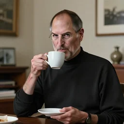 A high definition photo of Steve Jobs drinking a cup of coffee in his living room, hyperdetailed, artstation, digital art, photorealism, accurate, 8k,
