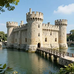 a castle with a moat and drawbridge, digital art, highly detailed, realistic, bright colors, 8 k