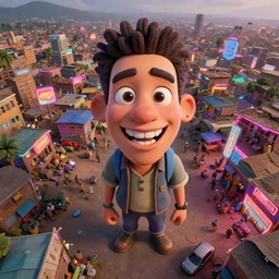 3 d vfx - caricature - art of a bustling - neon lit - ajegunle slum in nigeria, unreal engine render, digital illustration, illustration style by mike winkelmann, sharp, intricate detail, volumetric light, ray tracing, soft light, colourful, hyper - realism, claymation, fish eye lens, drone perspective, acrylic,