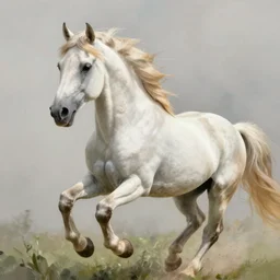 white horse with blond mane running, medieval, highly detailed, digital painting, artstation, concept art, sharp focus, illustration, art by frank frazetta