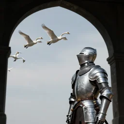 an apprentice next to a knight in silver armor looking up and seeing three swans flying over a huge black arch in the sky rendered in povray 8k resolution concept art